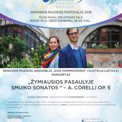 KOVO 10 D. 16 VAL. Ansamblio „Duo commovendo“ (Lietuva-Austrija) koncertas „Žymiausios pasaulyje smuiko sonatos – Corelli op. 5“. PILIES RŪMAI. BIBLIOTEKOS SALĖ.